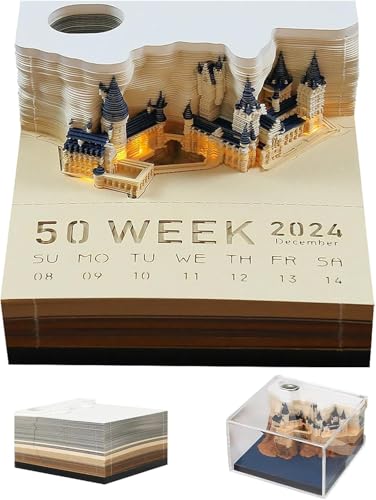 3D Notizblock, Kalender 2025 mit LED und Stifthalter, 3D Kalender, 3D Notizblock Magic Castle-Wochenkalender Tagesabreißkalender, Tischkalender Schreibtisch Deko (Schloss mit LED) von Demiawaking