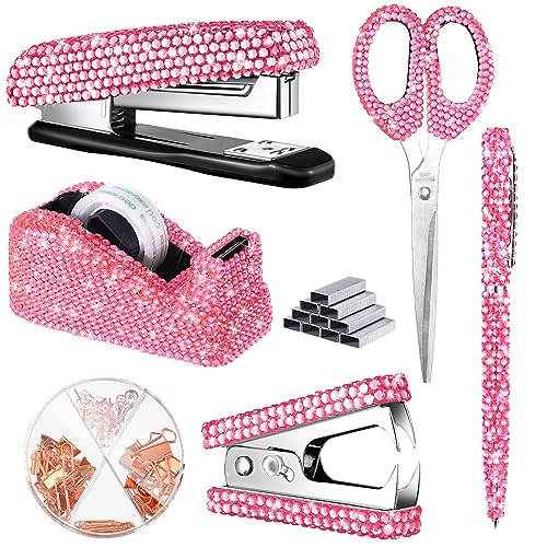 Bling Büro-Schreibtisch-Zubehör-Set, Kristall-Schul-Schreibwaren-Set, Schere, Hefter mit Heftklammer, Klebebandspender, Diamantstift, Klammerentferner, Binder-Clips, Büroklammern, Reißzwecken für von Demissle