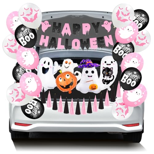 25 Stück rosa Happy Halloween Kofferraum oder Leckerei Auto Dekorationen enthalten Happy Halloween Banner Geist Film Ballon für Auto SUV LKW Garage Tür Dekor Halloween Party Home Spukhaus von Denylo pro