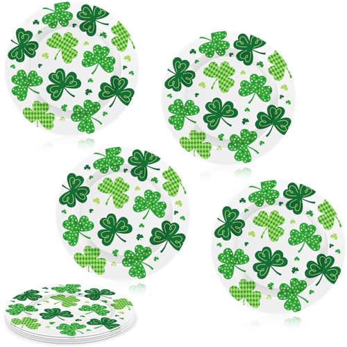 4 Stück St. Patrick's Day Dekorationsteller grünes Kleeblatt rund Geschirr Teller Kleeblatt Melamin Geschirr Set Glücksklee Display Teller für irische Feiertage St. Patrick's Day Party Tischdekoration von Denylo pro