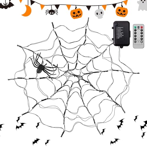 Deojtga Beleuchtetes Spinnennetz für Fenster, Halloween-Spinnennetz-Licht,Spinnennetz-Lichterkette 80 orange LED - 8 Modi 3,9 FT Lichterkette für Zuhause mit Batteriekasten und Fernbedienung von Deojtga