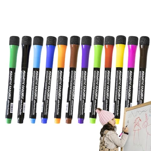 Deojtga Trocken abwischbare Marker mit Magnet, magnetische Whiteboard-Marker | Trocken abwischbare Stifte mit Radiergummi | 12 x geruchsarme Whiteboard-Stifte mit feiner Spitze, trocken abwischbare von Deojtga