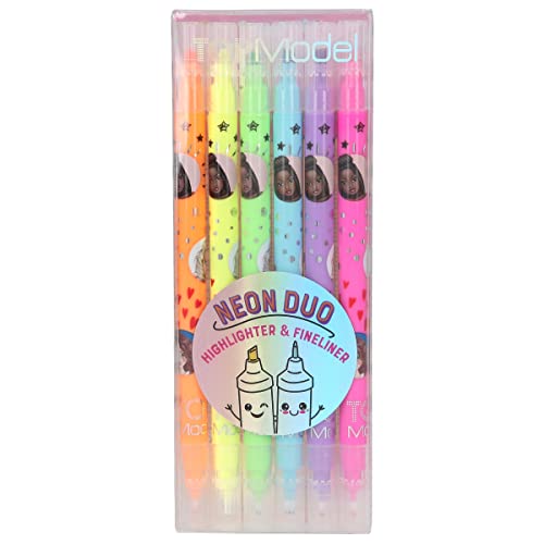 Depesche 11383 TOPModel - Neon Duo Highlighter- und Fineliner-mit 6 Doppel-Fasermalern in leuchtenden Farben, Stifte-Set mit jeweils einer dünnen und breiten Spitze zum Schreiben und Markieren von Depesche