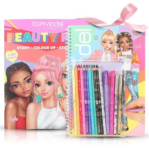 TOPModel Malbuch Set + TOPModel Malbuch BEAUTY FUN: Ultimatives Kreativ-Set für modebegeisterte Mädchen - mit 10 Buntstifte, 4 Gelstifte (Gold, Silber, Pink, Lila), 1 Radier-Stift von Depesche