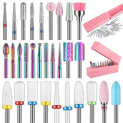 30-teiliges Nagelbohrer-Set mit 30 Löchern, rosa Halterung, 3/32 Zoll Wolframkarbid, Diamant, Keramik, Quarz, spitze Nagelhaut, Puntas para Drill Nägel für Acrylgel, Nagelmaniküre, Home Salon von Depvko