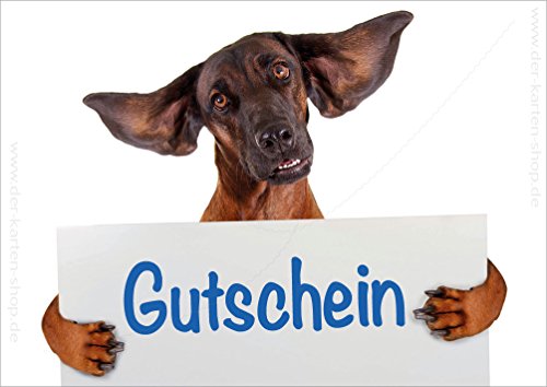 3 Stück Doppelkarte mit Kuvert lustiger Hund mit fliegenden Ohren und mit Schild "Gutschein" von Der-Karten-Shop.de