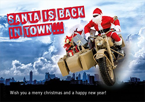 3 Stück Weihnachtskarten Weihnachten Doppelkarte mit Kuvert Karte Weihnachtskarte Nikolaus Weihnachtsmann auf BMW Motorrad "Santa is back in town..." von Der-Karten-Shop.de