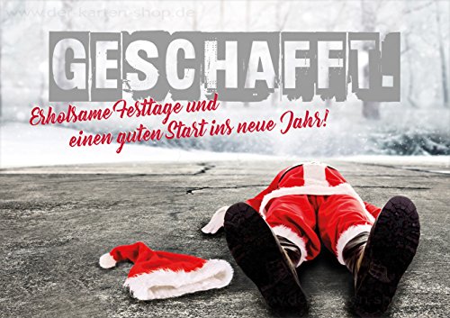 3 Stück Weihnachtskarten Weihnachten Doppelkarte mit Kuvert Karte Weihnachtskarte umgefallener Nikolaus, Weihnachtsmann "Geschafft" von Der-Karten-Shop.de