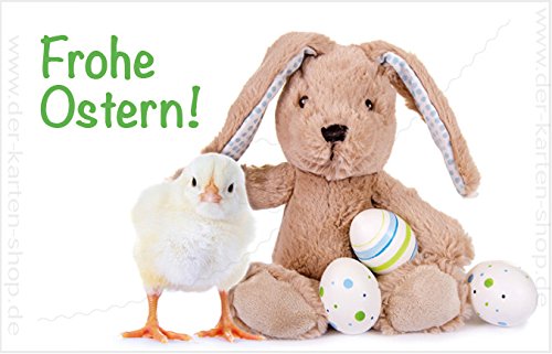 3 Stück kleine Minikarten, Grußkarte, Klappkarten mit Kuvert, Geschenkanhänger, Karte, Osterkarte mit Küken, Ostereiern und Osterhase "Frohe Ostern!" Format: 55 x 85 mm von Der-Karten-Shop.de