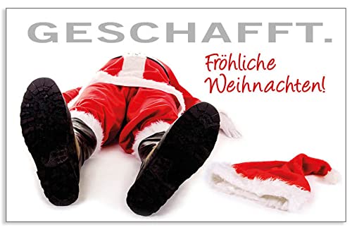 3 Stück kleine Weihnachtskarten, Klappkarten mit Kuvert, Geschenkanhänger 55 x 85 mm liegender Nikolaus "Geschafft. Fröhliche Weihnachten!" von Der-Karten-Shop.de