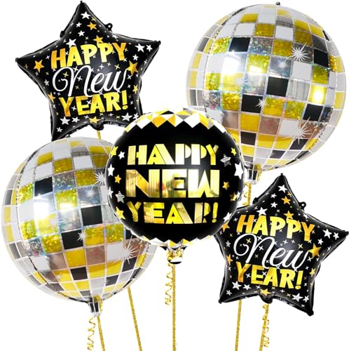 Silvester Deko 2024 Luftballon Set, 5 Stück Silvester Dekoration Folienballon, Happy New Year Deko Luftballons Gold, Neujahr Deko Ballon, Happy New Year Folienballon, Happy New Year Party Supplies von Dereine