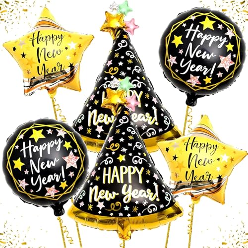 Silvester Deko 2024 Luftballon Set, 6 Stück Silvester Dekoration Folienballon, Happy New Year Deko Luftballons Gold, Neujahr Deko Ballon, Happy New Year Folienballon, Happy New Year Party Supplies von Dereine