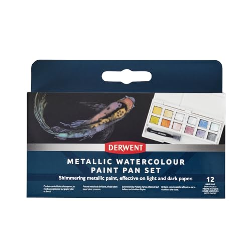 Derwent Metallic Aquarellfarben, 12-teiliger Malkasten, Metallic Paint Pan Set, wasserlösliche Aquarellfarben, ideal zum Malen und Gestalten, Profi-Qualität, Reisegröße, 2306246 von Derwent