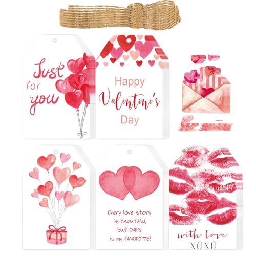 Derwrtup Valentinstag-Tags, Valentinstag-Tags - 60X Romantische Anhänger mit Schnüren | Valentinstag-Papieranhänger mit Löchern, Liebesetiketten für die Valentinstag-Hochzeit von Derwrtup