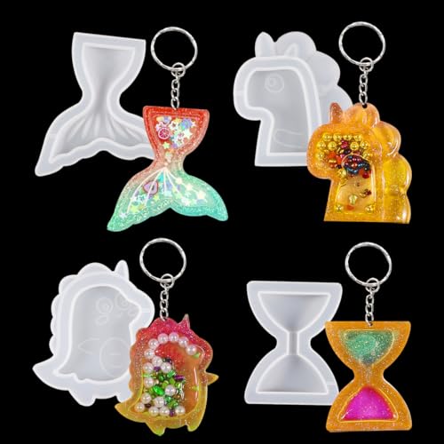 DeryArcle 4 Stück Epoxidharz Formen Schlüsselanhänger, Gießform Einhorn Harzform Anhänger Treibsand Silikonform Dinosaurier Shaker Keychain Resin Mold für DIY Schmuck Haarspange Decor (Typ A) von DeryArcle