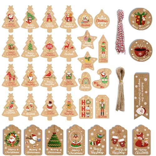 Weihnachten Kraftpapier Etiketten, 150 Stück 35 Verschiedene Designs Geschenkanhänger Etiketten mit 100 Stück Juteseil & 50 Stück Rotes und Weißes Seil für Weihnachten Dekoration 7 x 4cm/7.6 x 5.2cm von Desdira