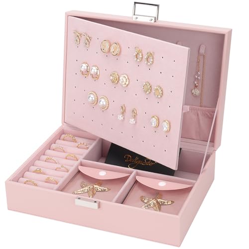 DesignSter Schmuckkästchen, Große PU Schmuckaufbewahrung für Damen Mädchen, Schmuckschatulle mit 8 kleinen Schmucktaschen, Groß Schmuckbox für Ringe, Ohrringe, Halskette, Rosa von DesignSter