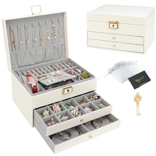 DesignSter Schmuckkasten, Schmuckkästchen mit 3 Ebenen mit Schubladen, PU-Leder Schmuckbox Schmuckschatulle Groß Schmuck Organizer für Ringe Ohrringe Armbänder Halsketten, Beige von DesignSter