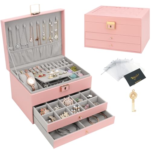 DesignSter Schmuckkasten, Schmuckkästchen mit 3 Ebenen mit Schubladen, PU-Leder Schmuckbox Schmuckschatulle Groß Schmuck Organizer für Ringe Ohrringe Armbänder Halsketten, Rosa von DesignSter