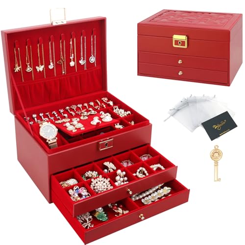 DesignSter Schmuckkasten, Schmuckkästchen mit 3 Ebenen mit Schubladen, PU-Leder Schmuckbox Schmuckschatulle Groß Schmuck Organizer für Ringe Ohrringe Armbänder Halsketten, Rot von DesignSter