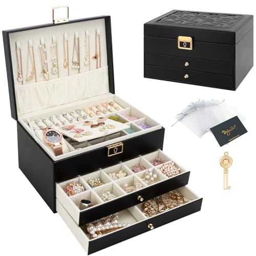 DesignSter Schmuckkasten, Schmuckkästchen mit 3 Ebenen mit Schubladen, PU-Leder Schmuckbox Schmuckschatulle Groß Schmuck Organizer für Ringe Ohrringe Armbänder Halsketten, Schwarz von DesignSter