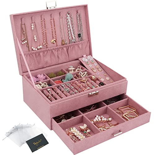 Schmuckkasten, Schmuckkästchen mit Schubladen für Damen Mädchen, Samt Schmuckbox Schmuckschatulle Groß Schmuck Organizer für Ringe Ohrringe Armbänder Halsketten, Rosa von DesignSter