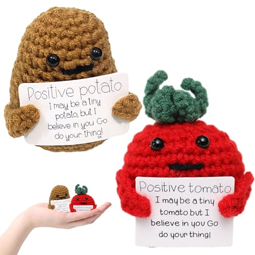 Detontek 2pcs Positive Energie Puppen,Positive Tomate + Pocket Hug Positive Potato, Kreative Strickwolle Kartoffel Puppe mit Positiver Energiekarte, Motivationsgeschenke für Familie Freund von Detontek