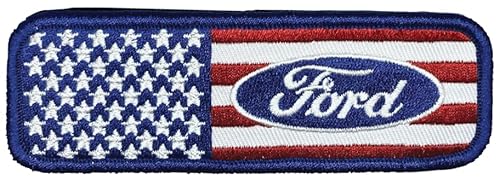 Bestickter Aufnäher mit Ford-Logo mit Sternen und Streifen, 11,4 x 3,8 cm, Heißsiegel-Aufnäher für Kleidung, Jeansjacke, schwarzen Rucksack, Hut, Jacken und mehr von Detroit Shirt Company