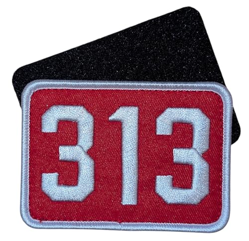 Detroit 313 Area Code Patch 8,9 x 6,3 cm bestickter Aufnäher (rot/weiß) (2-teiliger Haken und Schlaufe) von Detroit Shirt Company