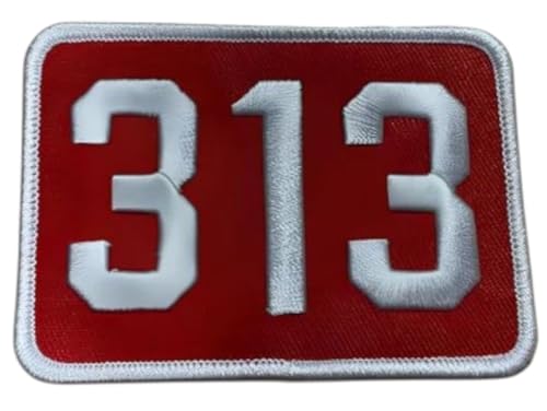 Detroit 313 Area Code Patch 8,9 x 6,3 cm bestickter Aufnäher (rot/weiß) (Heißsiegel) von Detroit Shirt Company