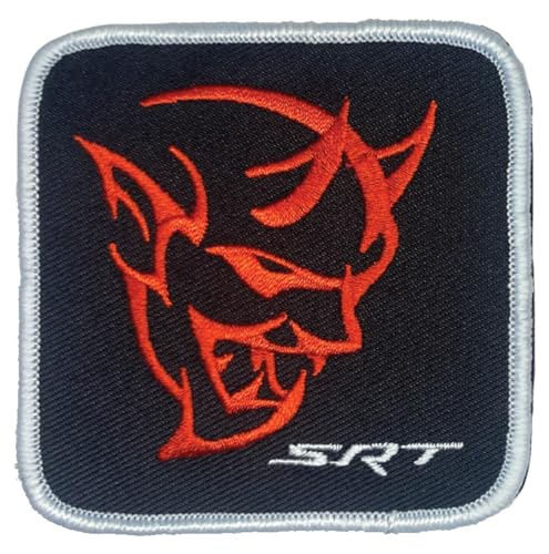 Dodge Demon SRT Aufnäher mit rotem Logo, bestickt, 7,6 x 7,6 cm, Heißsiegel-Aufnäher für Kleidung, Jeansjacke, schwarzen Rucksack, Hut, Jacken und mehr von Detroit Shirt Company