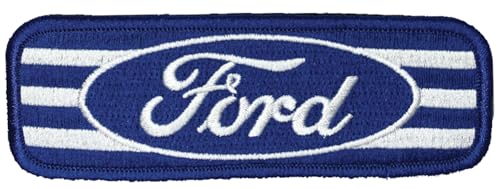 Ford-Aufnäher mit ovalem und gestreiftem Logo, bestickt, 11,4 x 3,8 cm, Heißsiegel-Aufnäher für Kleidung, Jeansjacke, schwarzen Rucksack, Hut, Jacken und mehr von Detroit Shirt Company