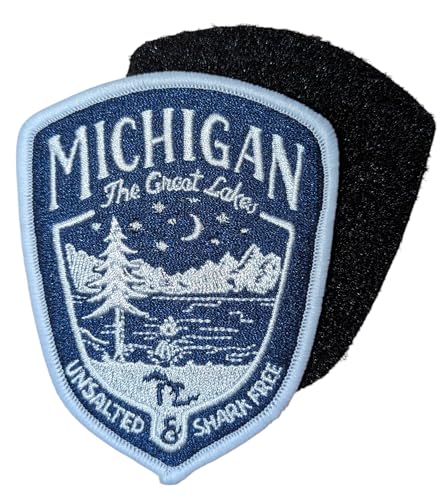 Michigan Shield bestickter Aufnäher, ungesalzen und Haifisch, zum Aufbügeln oder Aufnähen, 9,1 x 7,1 cm (2-teiliger Haken und Schlaufe) von Detroit Shirt Company