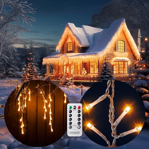 MONZANA® Lichterkette 400 LED 15m Fernbedienung 8 Leuchtmodi IP44 Innen Außen Regenlichterkette Lichtervorhang Eisregen warmweiß Weihnachtsbeleuchtung von Deuba