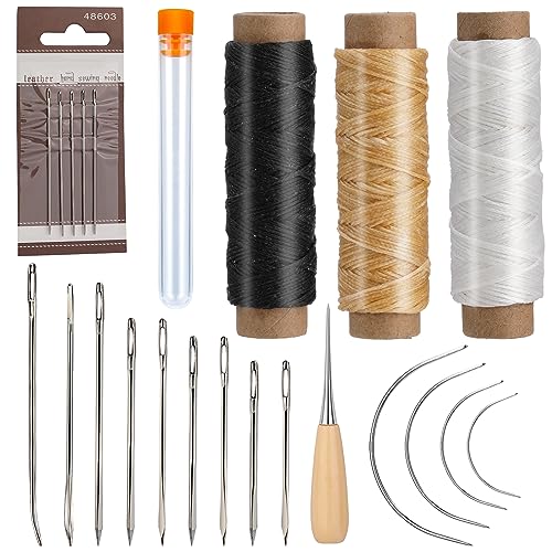 23 Stück Leder Nähnadeln Set, Leder Hand Nähen Nadeln with Gewachstem Faden, Handnähnadel Kit für Polster, Leder, Teppich Leinwand Reparatur Polster Nähnadeln von Deudy