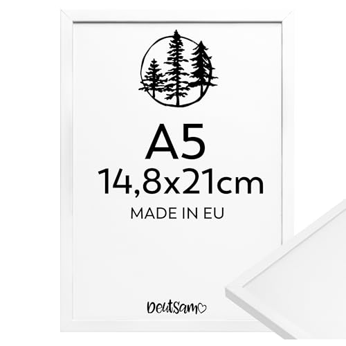 Deutsam 1x Bilderrahmen DIN A5 14,8x21 cm MDF-Holz Weiß, Posterrahmen, Dokumentenrahmen, Fotorahmen, Bruchsicheres Kunststoffglas, Rahmen für Fotos, Bilder & Poster (Weiß, A5-14,8x21cm) von Deutsam