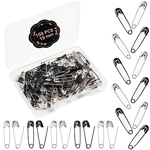 19 mm Sicherheitsnadeln, 150 Stück Klein Metall Sicherheit Pins Safety Pins Mini Sicherheitsnadeln für Kleidung Nähen Basteln DIY Schmuckherstellung(Silber, Schwarz) von Devenirriche