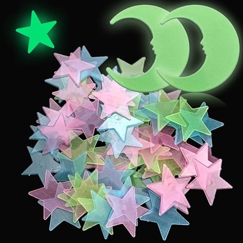 3D Leuchtsterne Kinderzimmer Wandsticker, 200 Stück Selbstklebend Leuchtende Sterne und 2 Stück Mond, Leuchten im Dunkeln Sterne Aufkleber DIY Fluoreszierende Wandtattoos für Sternenhimmel, Raumdeko von Devenirriche