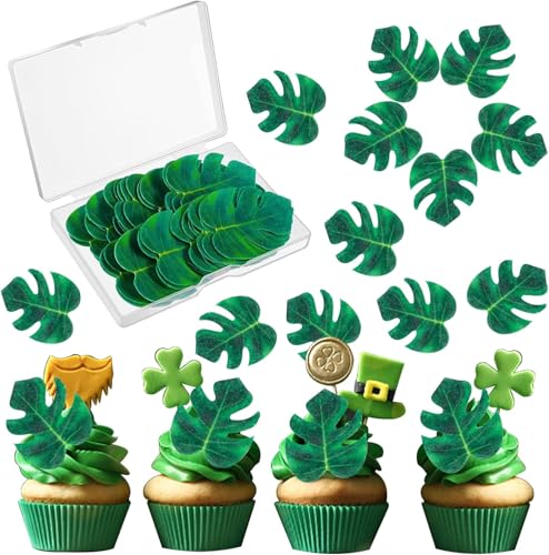 Devenirriche 48 Stück Essbare Tropische Schildkrötenblätter Cupcake Topper, Oblatenpapier Palmblatt-Kuchen-Deckel, Dschungel Tortendeko für Hawaii Aloha Jungle Summer Theme Party von Devenirriche