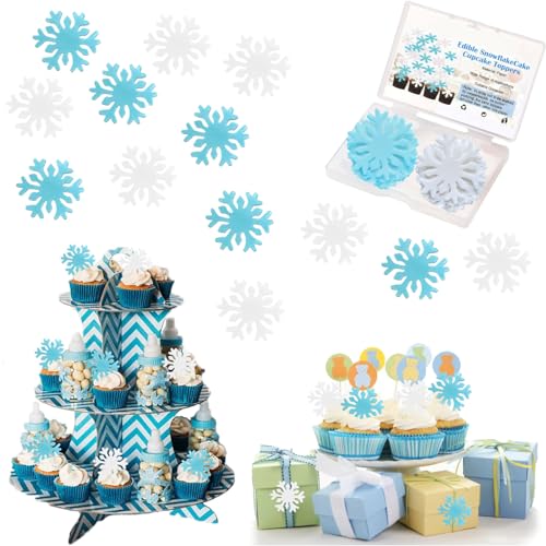 50 Stück Schneeflocke Tortendeko, Schneeflocken Kuchen Cupcake Toppers Dekorationen, Frozen Snowflake Cupcake Toppers für Winter Thema Geburtstag Party Kuchen(Blau Weiß) von Devenirriche