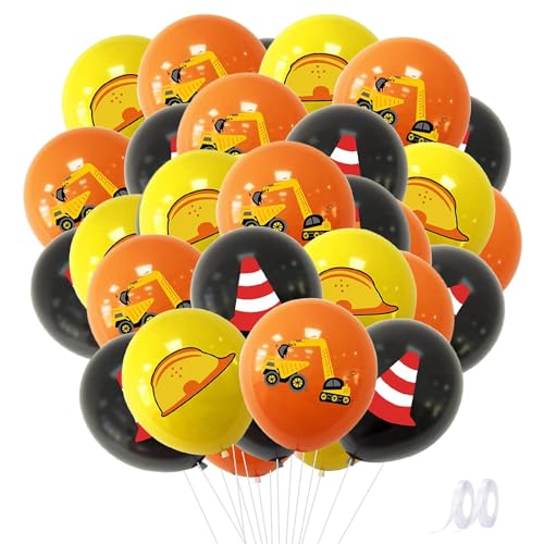 Bagger Luftballons, 24 Stück 12 Zoll Baustelle Geburtstag Party Luftballons Orange Gelb Schwarz Bagger Truck Schutzhelme Barrikade Druck Latex Ballons für Kindergeburtstag Baustelle Party Dekoration von Devenirriche