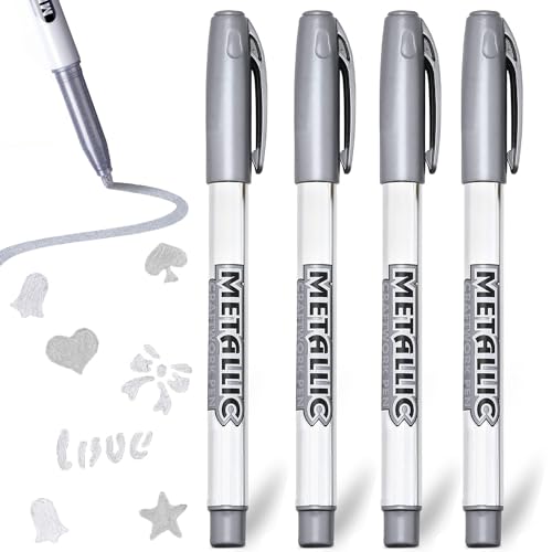 Devenirriche 4 Stück Silber Metallic Marker Stifte, Highlight Marker Stifte, Permanente Wasserfest Acrylmarker Silberstift Für DIY Fotoalbum Kartenschreiben Album von Devenirriche