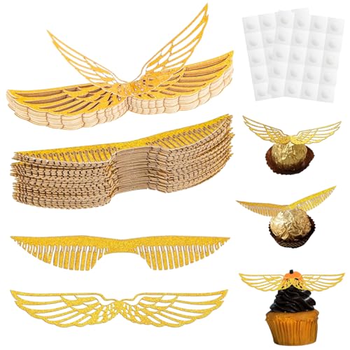 Gold Glitter Flügel Cupcake Deko, 50 Stück Harry Potter Geburtstags Deko, Schokolade Gold Glänzend Flügel Kuchen Dekoration für Bonbons Geburtstag Party Cupcakes Deko von Devenirriche