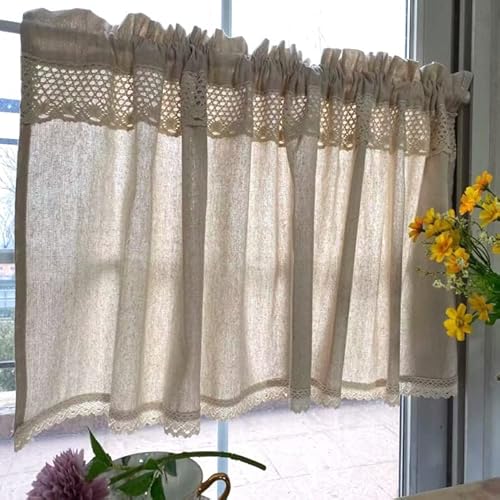 Devola Amerikanische Retro-Kurzgardine Unifarbig Leinenoptik Scheibengardine Halbtransparente Bistrogardine mit Häkelspitze Privatsphäre Fenstervorhang Cáfe Gardine BxH 140x50cm Beige 1er Pack von Devola