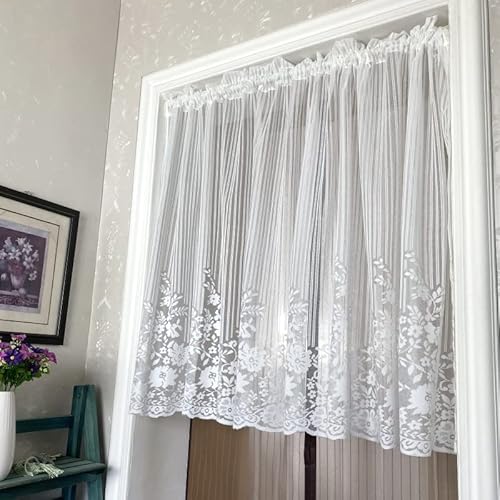 Devola Amerikanische Spitze Scheibengardine transparente Blumenmuster Bistrogardine Landhaus Kurzgardine mit Streifenmuster Einfache Romantische Küchengardine Tür Vorhänge BxH 100x100cm Weiß 1er Pack von Devola