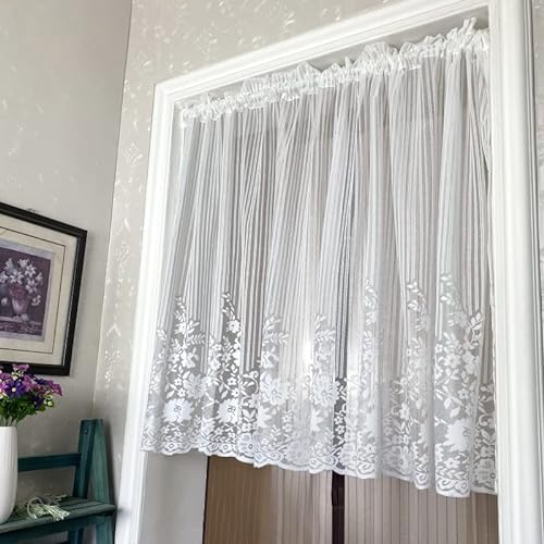 Devola Amerikanische Spitze Scheibengardine transparente Blumenmuster Bistrogardine Landhaus Kurzgardine mit Streifenmuster Einfache Romantische Küchengardine Tür Vorhänge BxH 150x100cm Weiß 1er Pack von Devola