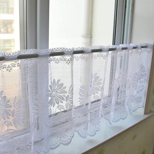 Devola Jacquard Scheibengardine Landhausstil Vorhänge Blumenmuster Kurzgardine Transparent Bistrogardine Kurzvorhang HxB 45x150cm Weiß 1er Pack von Devola