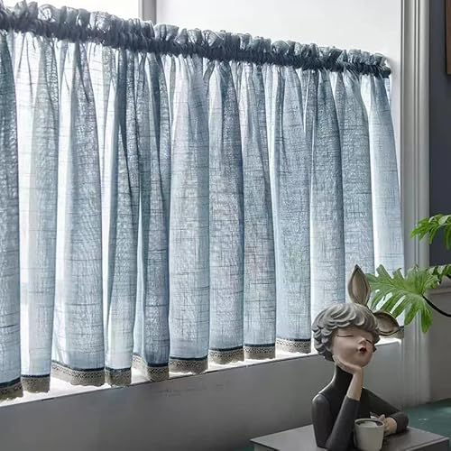 Devola Kurzgardine Leinenoptik Scheibengardinen Modern Kurz Küche Gardine Bistrogardine Halb Transparent Kleine Fenstervorhänge Kurzstore mit Stangendurchzug BxH 200x60cm Blau 1 Stück von Devola