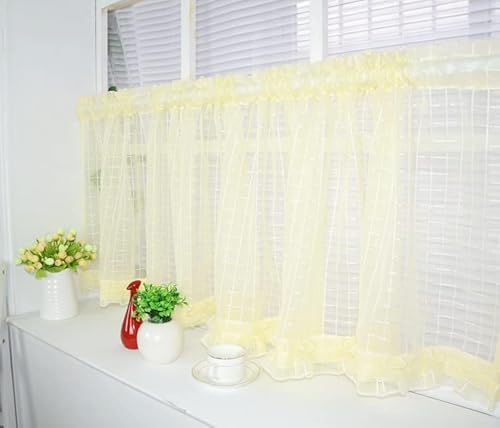 Devola Leinen-Garn Kurzgardine Pastorale Art Scheibengardine Transparent Gingham Bistrogardine mit Rüsche Design Vorhang Cafe Gardine Dekoration Vorhänge BxH 140x60cm Gelb 1er Pack von Devola