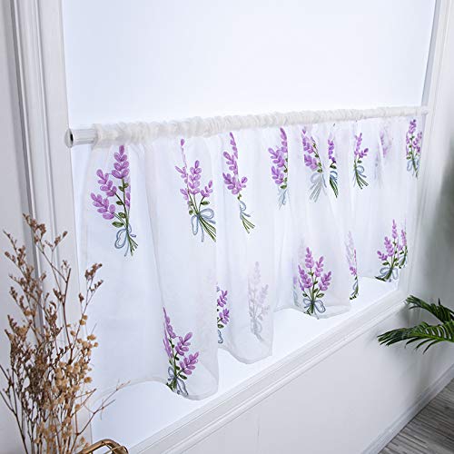 Devola Pastorale Art Scheibengardine Blumenstrauß Stickerei Kurzgardine Transparente Garn Bistrogardinen Cáfe Gardine Moderne Heim Dekoration HxB 30x90cm Violett 1er Pack von Devola